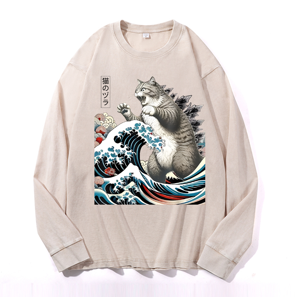 Cat Kaiju Ukiyoe Great Wave Vintage Cotton Wash Crewneck Long-Sleeve T-Shirt