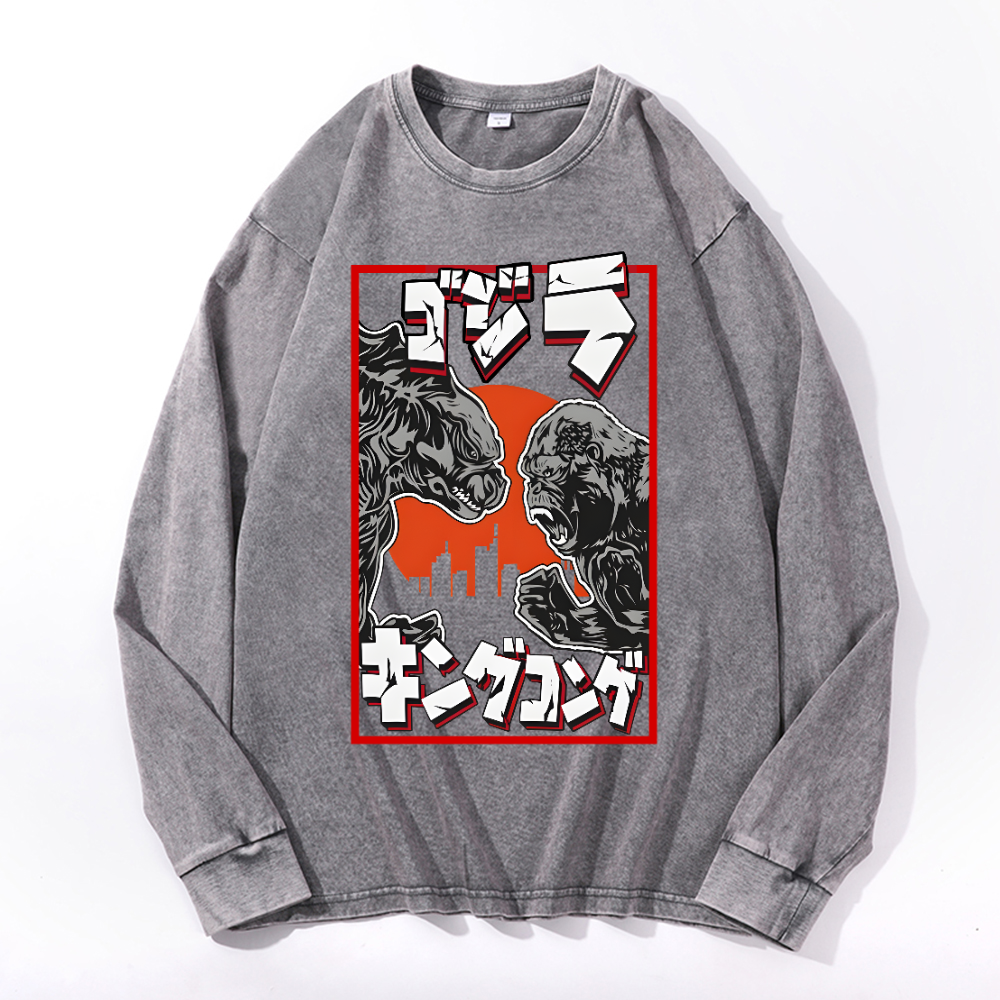 Kaiju VS King Kong Vintage Cotton Wash Long-sleeve T-shirt