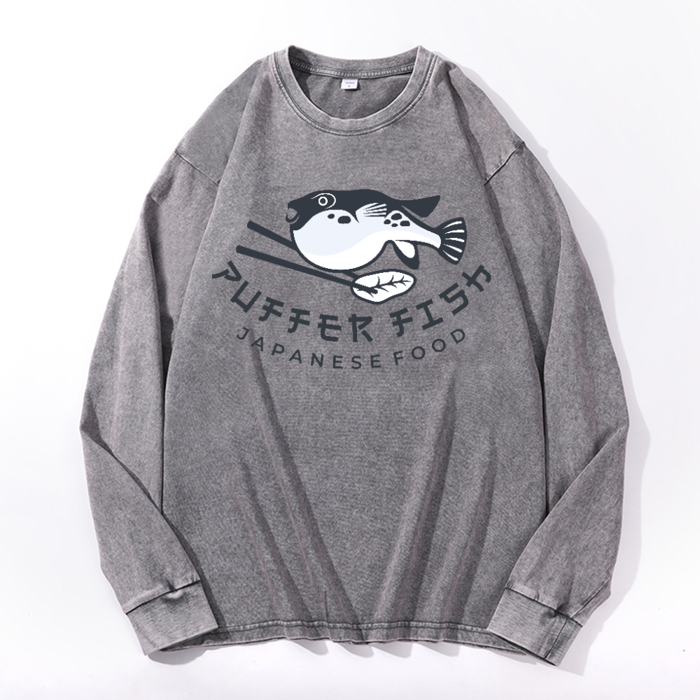 Puffer Fish Vintage Cotton Wash Crewneck Long-Sleeve T-Shirt