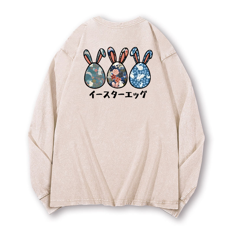 Rabbit Easter Eggs Vintage Washed Cotton Back Art Long-sleeve T-shirt