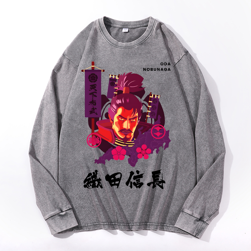 Oda Nobunaga Vintage Cotton Wash Crewneck Long-Sleeve T-Shirt