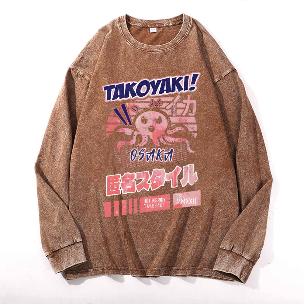 Takoyaki Octpous Vintage Cotton Wash Crewneck Long-Sleeve T-Shirt