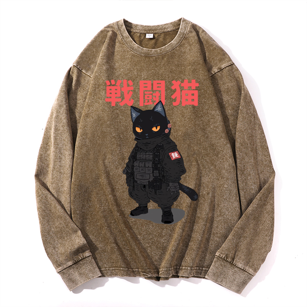 Battle Black Cat Vintage Cotton Wash Crewneck Long-Sleeve T-Shirt
