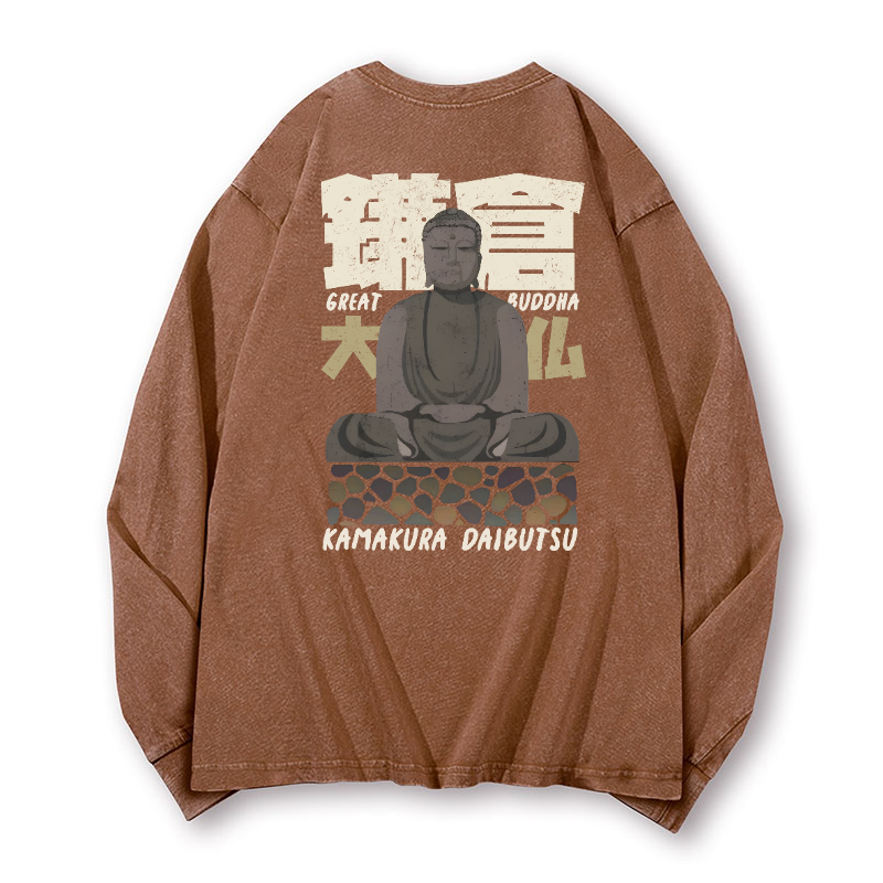 Buddhism Kamakura Daibutsu Great Buddha Vintage Washed Cotton Back Art Long-sleeve T-shirt