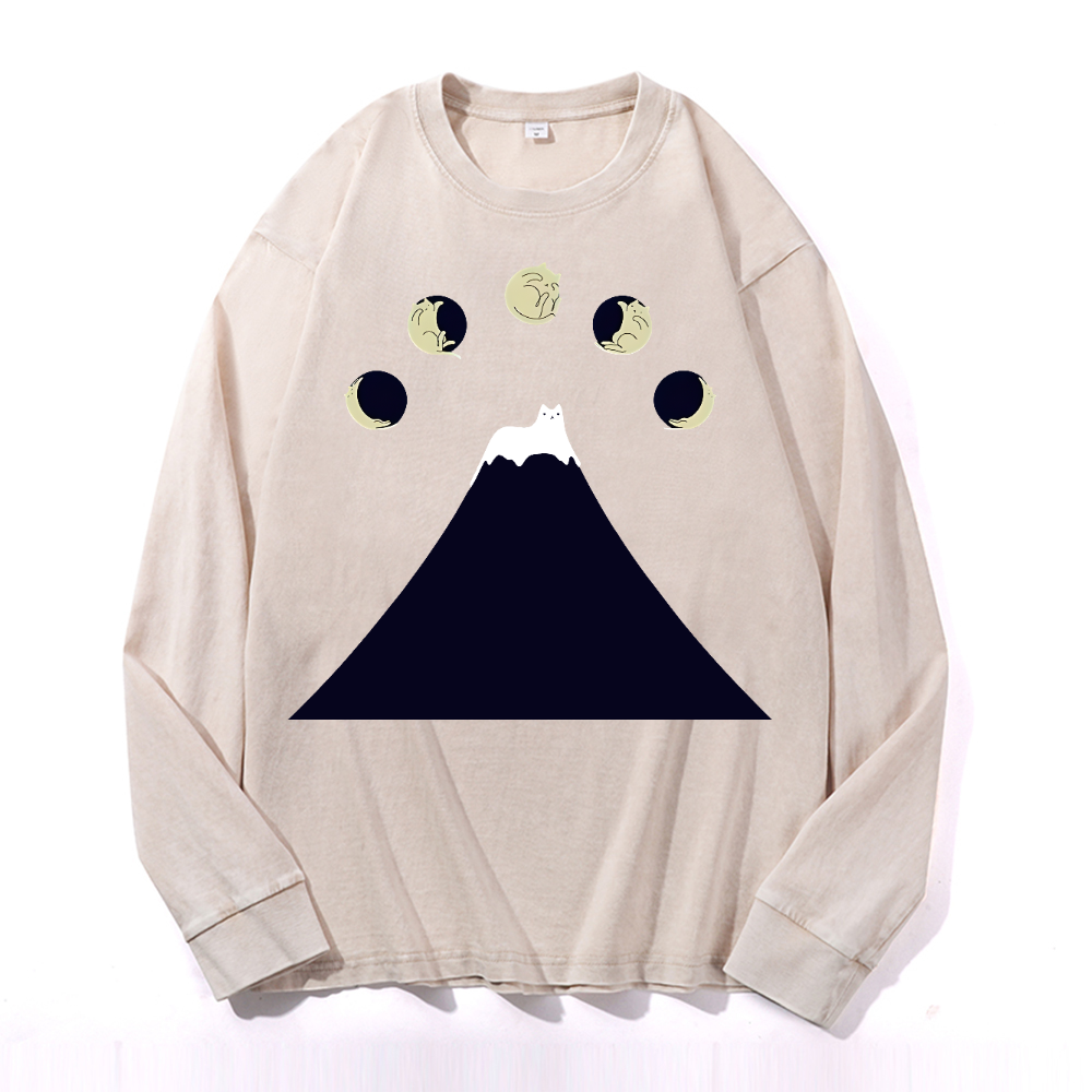 Fuji Cat Vintage Cotton Wash Crewneck Long-Sleeve T-Shirt