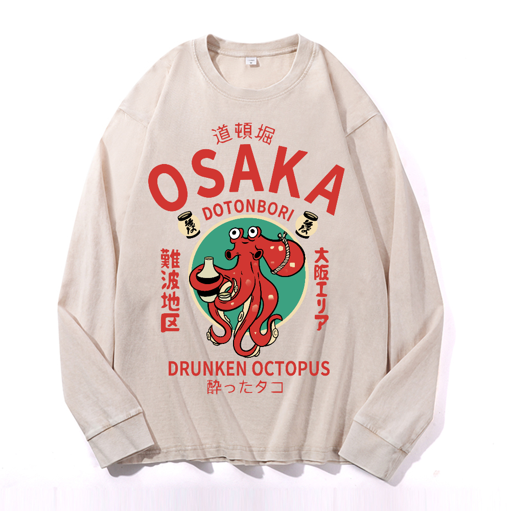 Osaka Drunken Octopus Vintage Cotton Wash Crewneck Long-Sleeve T-Shirt