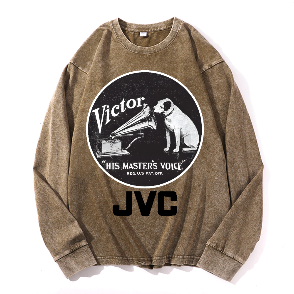 JVC Victor Dog Vintage Cotton Wash Crewneck Long-Sleeve T-Shirt