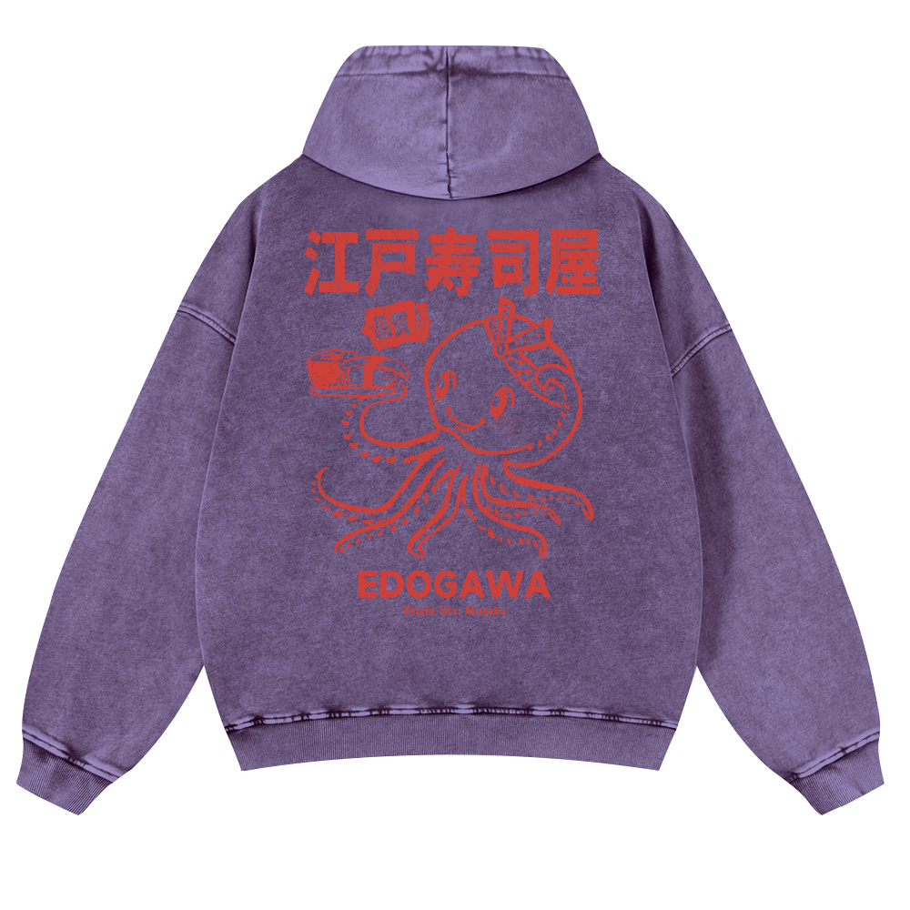 Edogawa  Octopus Vintage Washed Cotton Back Art Hoodie