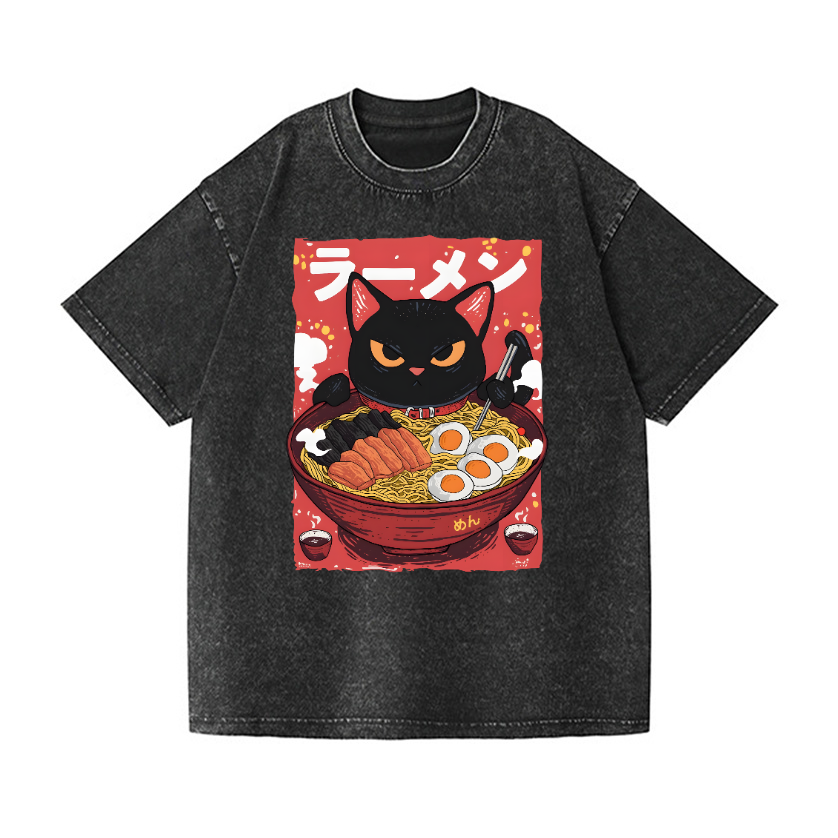 Ramen Black Cat Vintage Wash Japanese Design T-Shirt