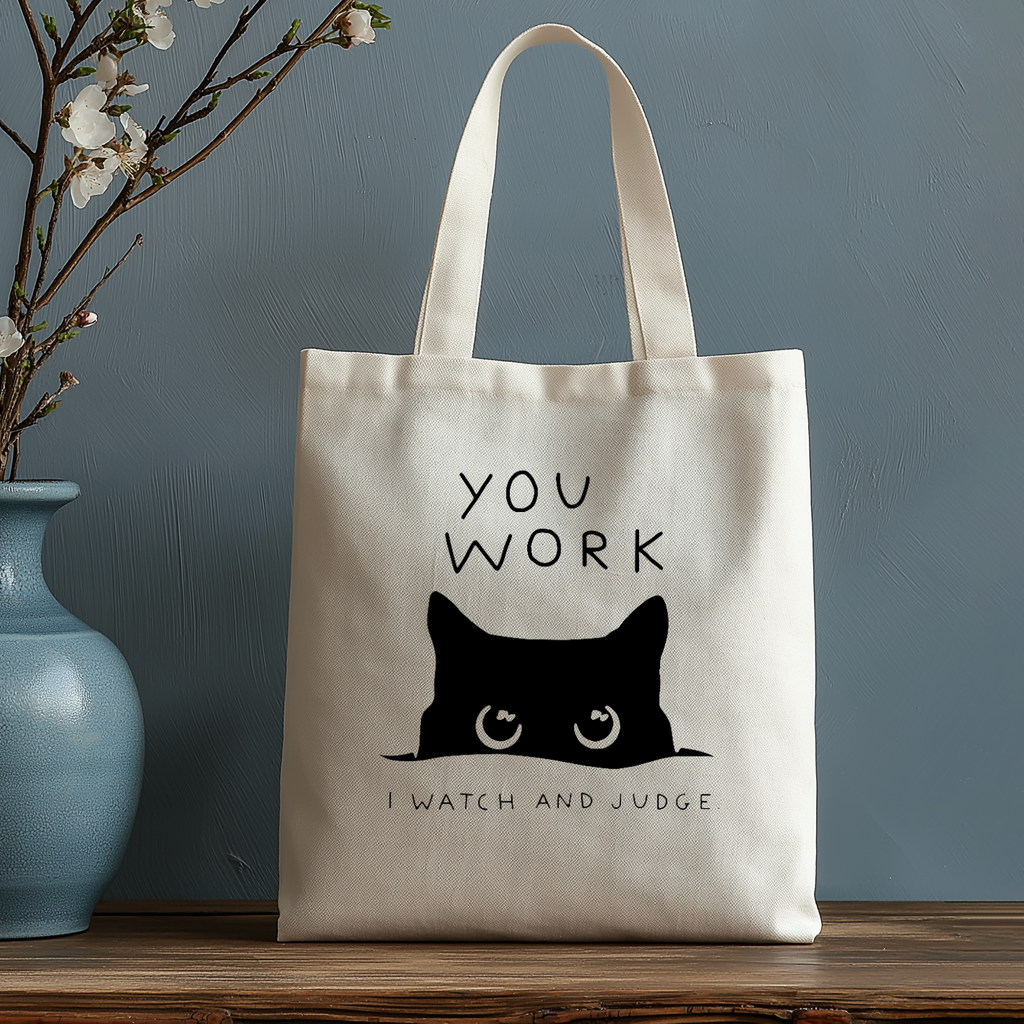 Black Cat Watching Your Work Japanese Style Canvas Tote Bag