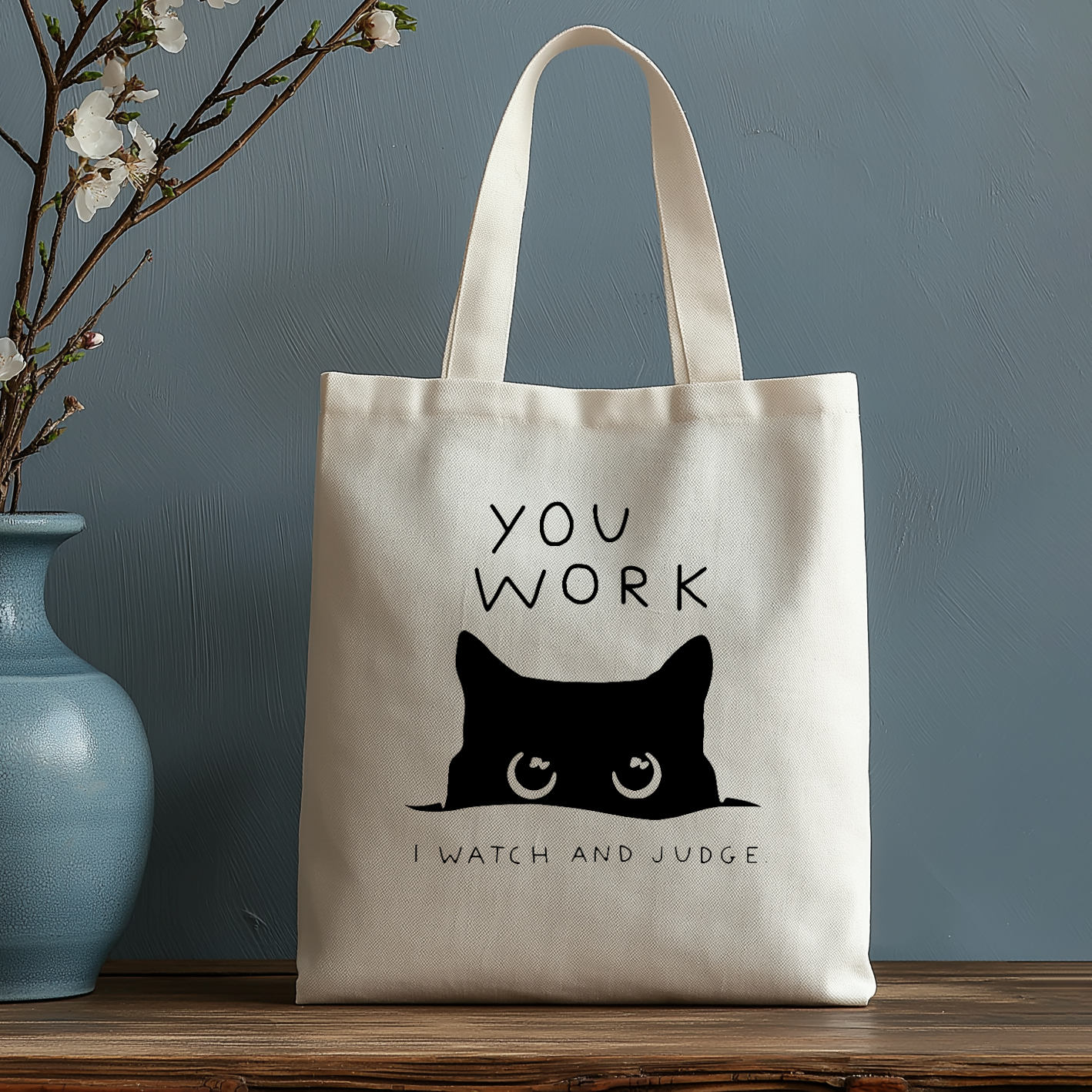 Black Cat Watching Your Work Japanese Style Canvas Tote Bag