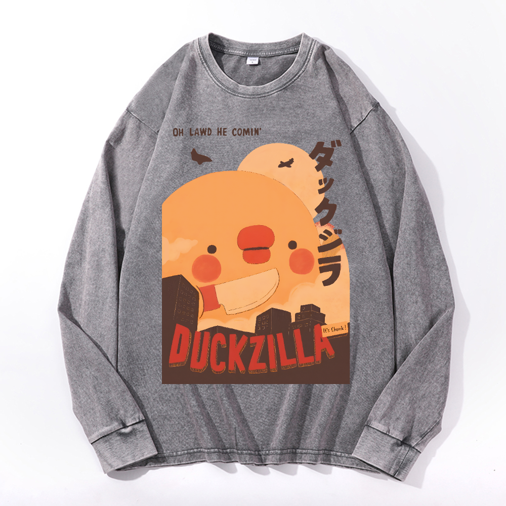 Duck Kaiju Vintage Cotton Wash Crewneck Long-Sleeve T-Shirt