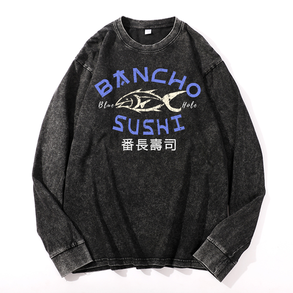 Bancho Sushi Vintage Cotton Wash Crewneck Long-Sleeve T-Shirt