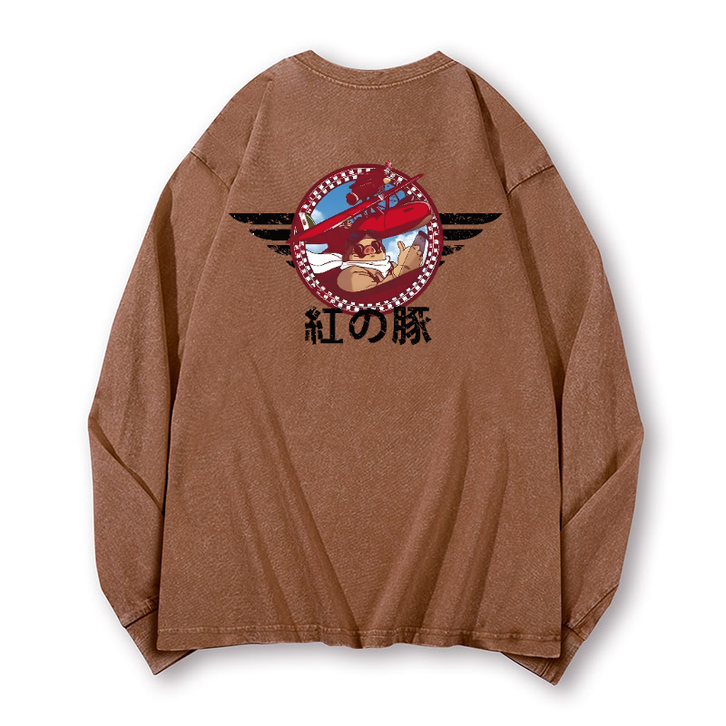 Ghibli Porco Rosso Vintage Washed Cotton Back Art Long-sleeve T-shirt