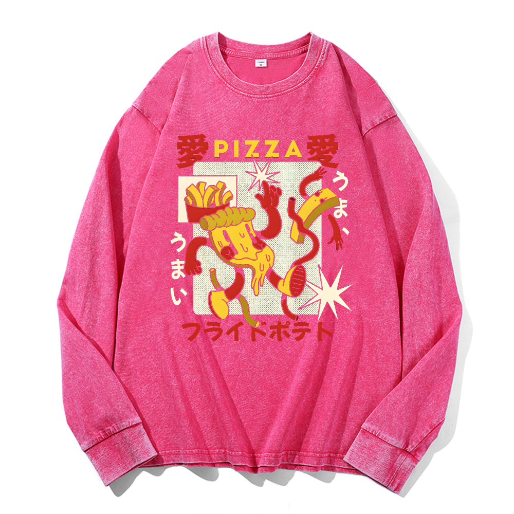 Pizza Vintage Cotton Wash Crewneck Long-Sleeve T-Shirt