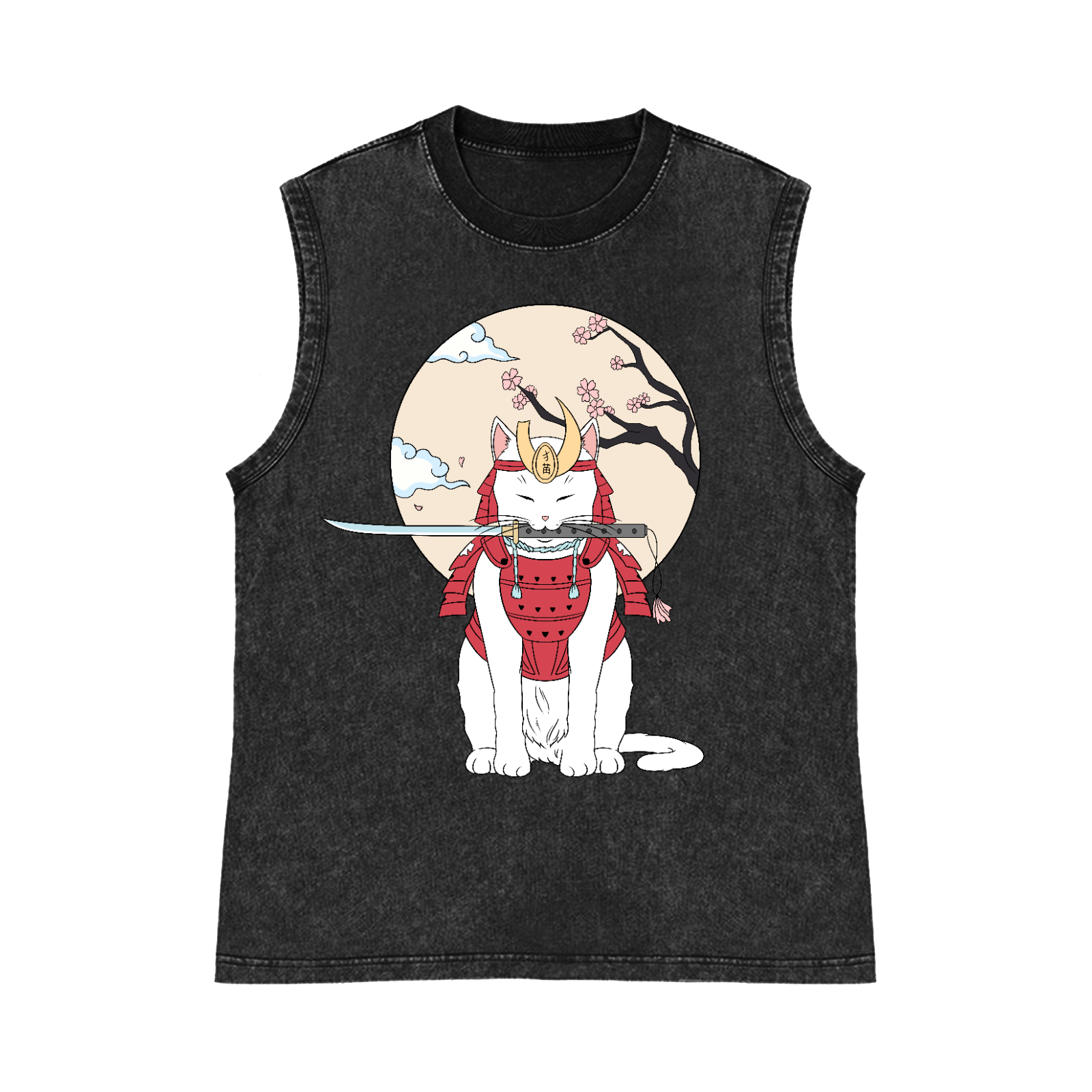 Samurai Cat Pure Cotton Wash-Dyed Sleeveless Tank Top