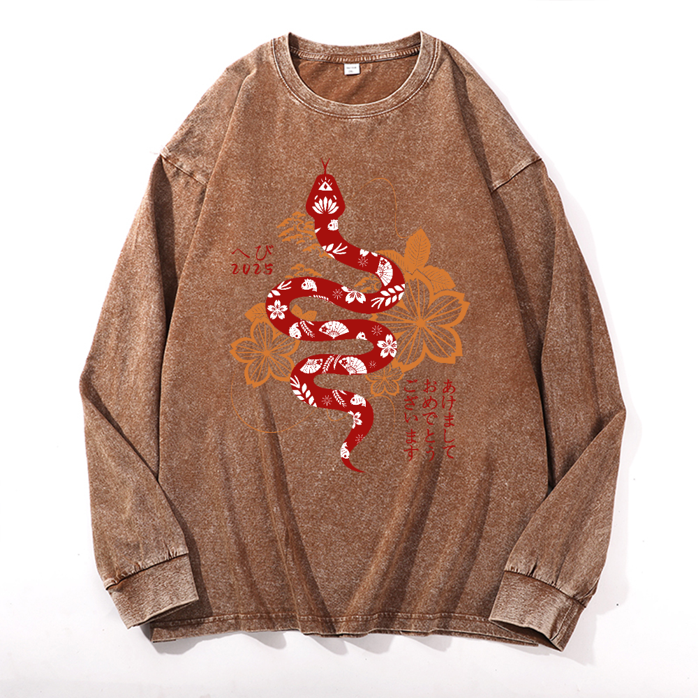 New Year Vintage Cotton Wash Crewneck Long-Sleeve T-Shirt