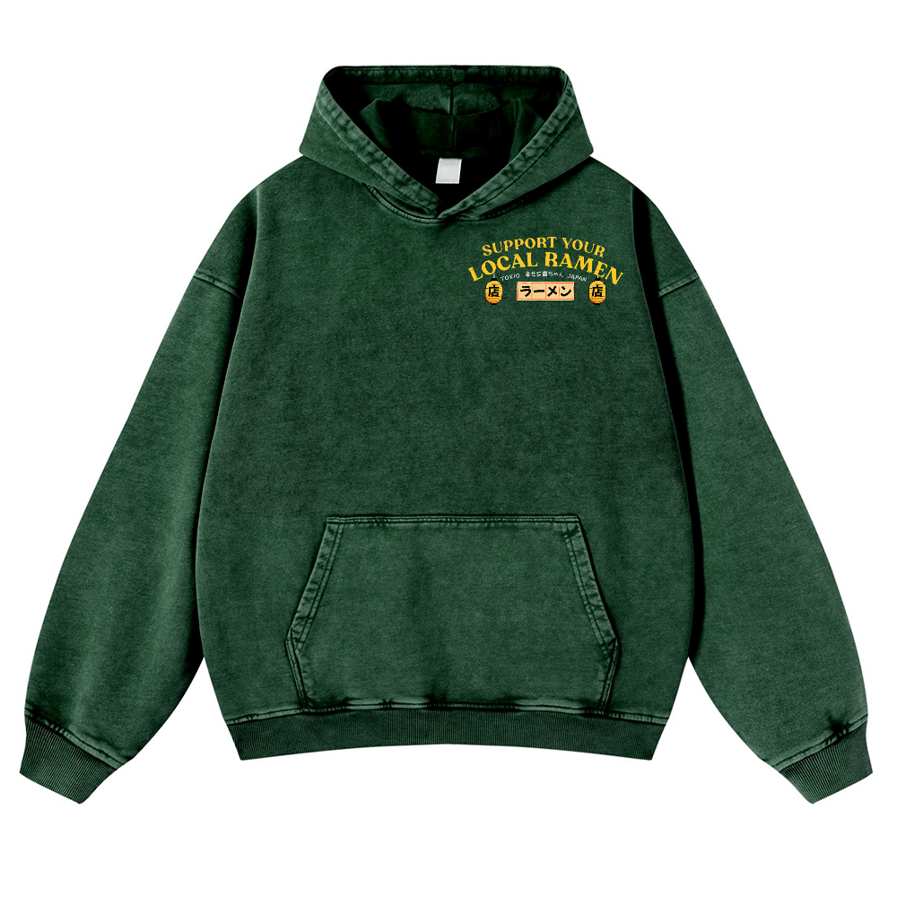 Ramen Lucky Cat Vintage Washed Cotton Back Art Hoodie