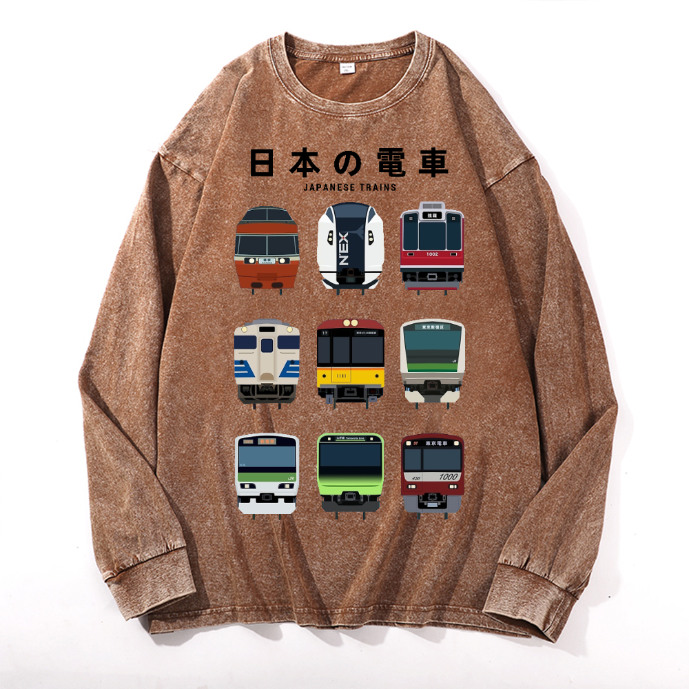 Trains Vintage Cotton Wash Crewneck Long-Sleeve T-Shirt
