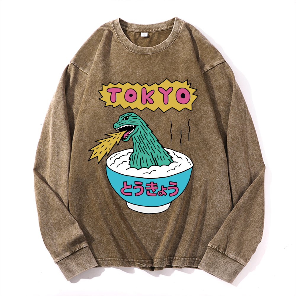 Kaiju Tokyo Vintage Cotton Wash Crewneck Long-Sleeve T-Shirt