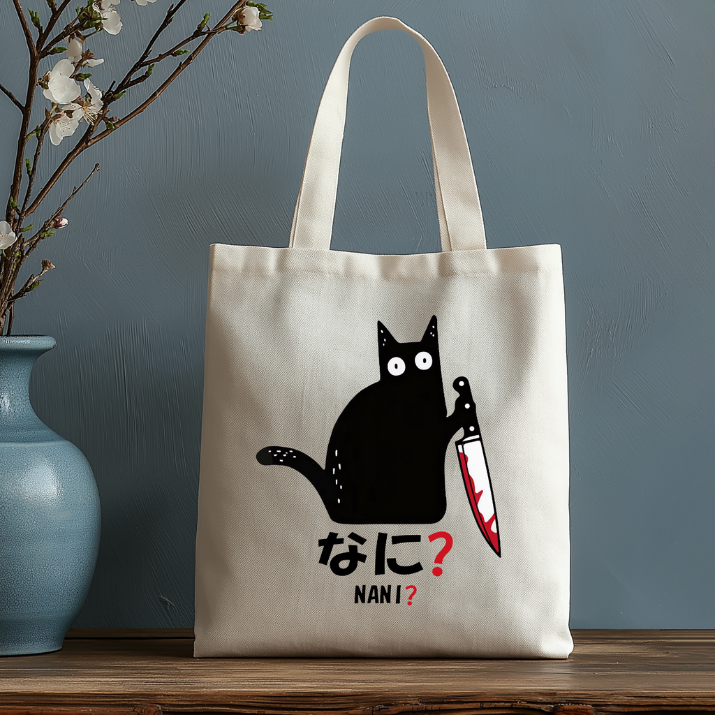 The Black Cat with a Knife Japanese Style Canvas Tote Bag