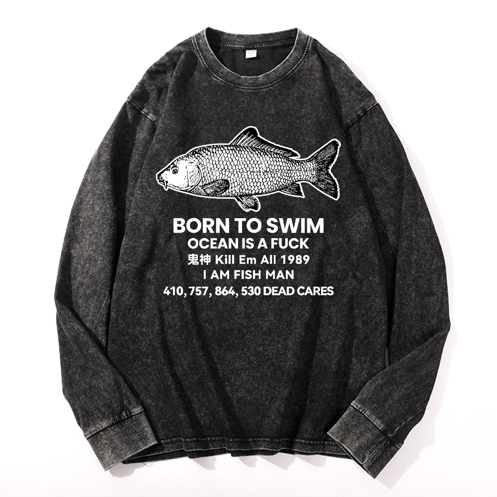 Fish Vintage Cotton Wash Crewneck Long-Sleeve T-Shirt