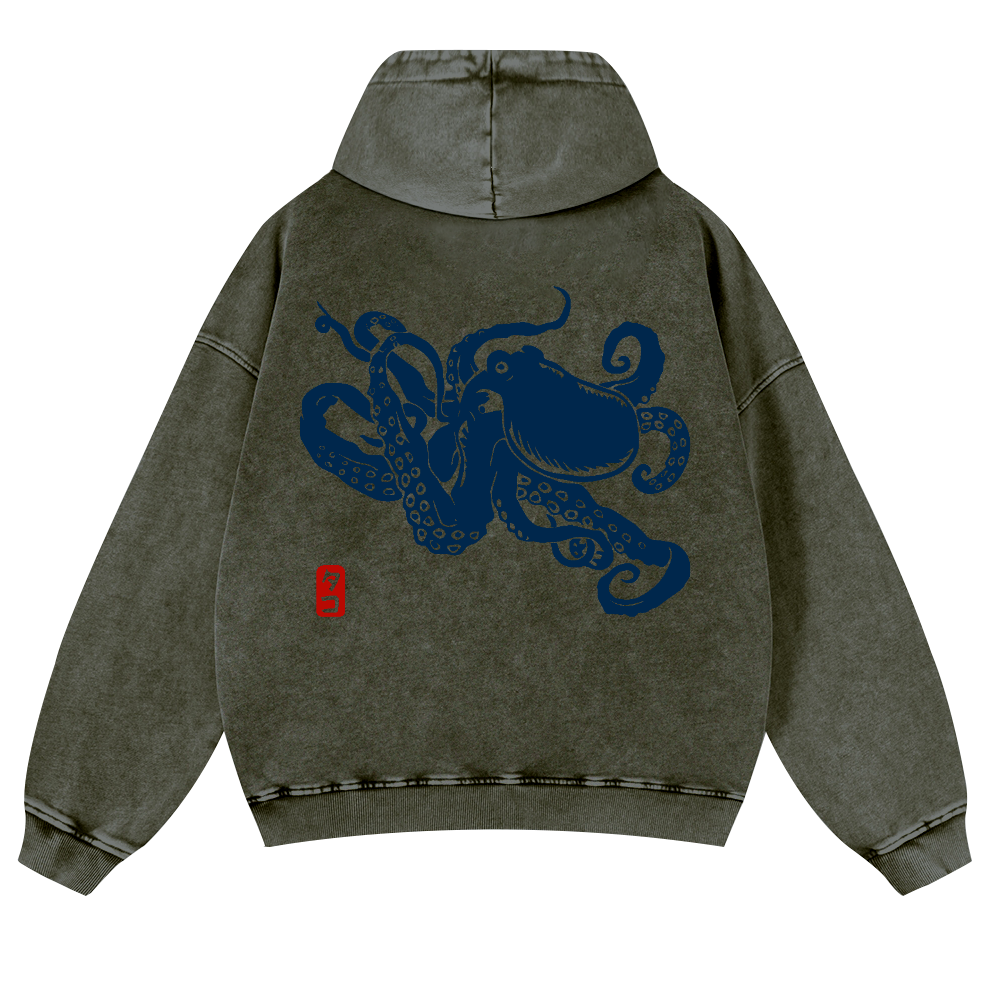 Octopus Vintage Washed Cotton Back Art Hoodie