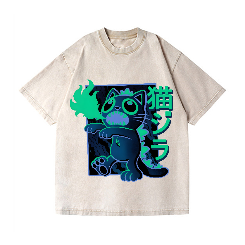 Cat Kaiju Vintage Wash Japanese Design T-Shirt