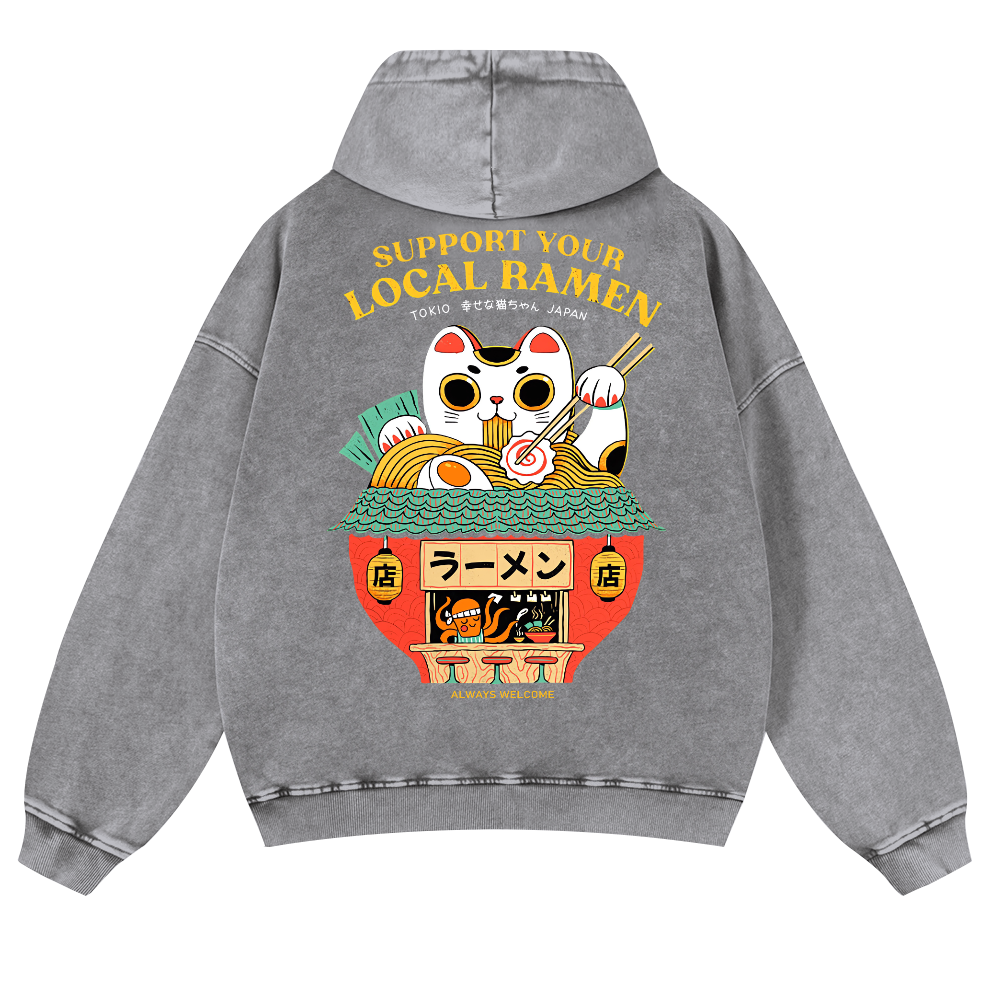 Ramen Lucky Cat Vintage Washed Cotton Back Art Hoodie