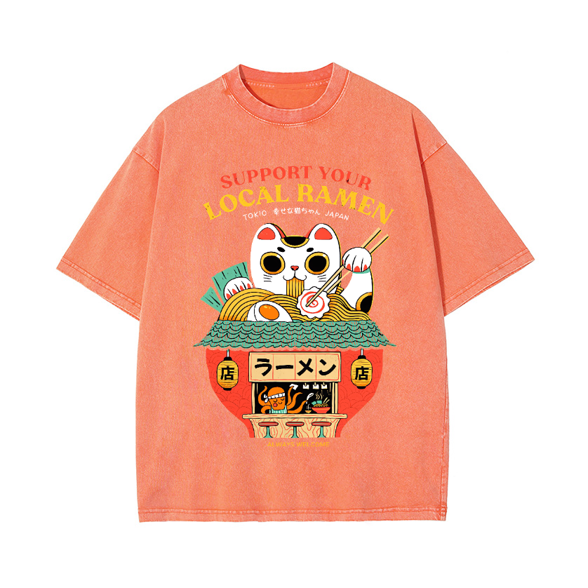 Ramen Lucky Cat Vintage Wash Japanese Design T-Shirt