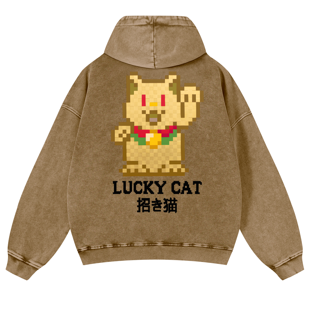 Mosaic Lucky Cat Vintage Washed Cotton Back Art Hoodie