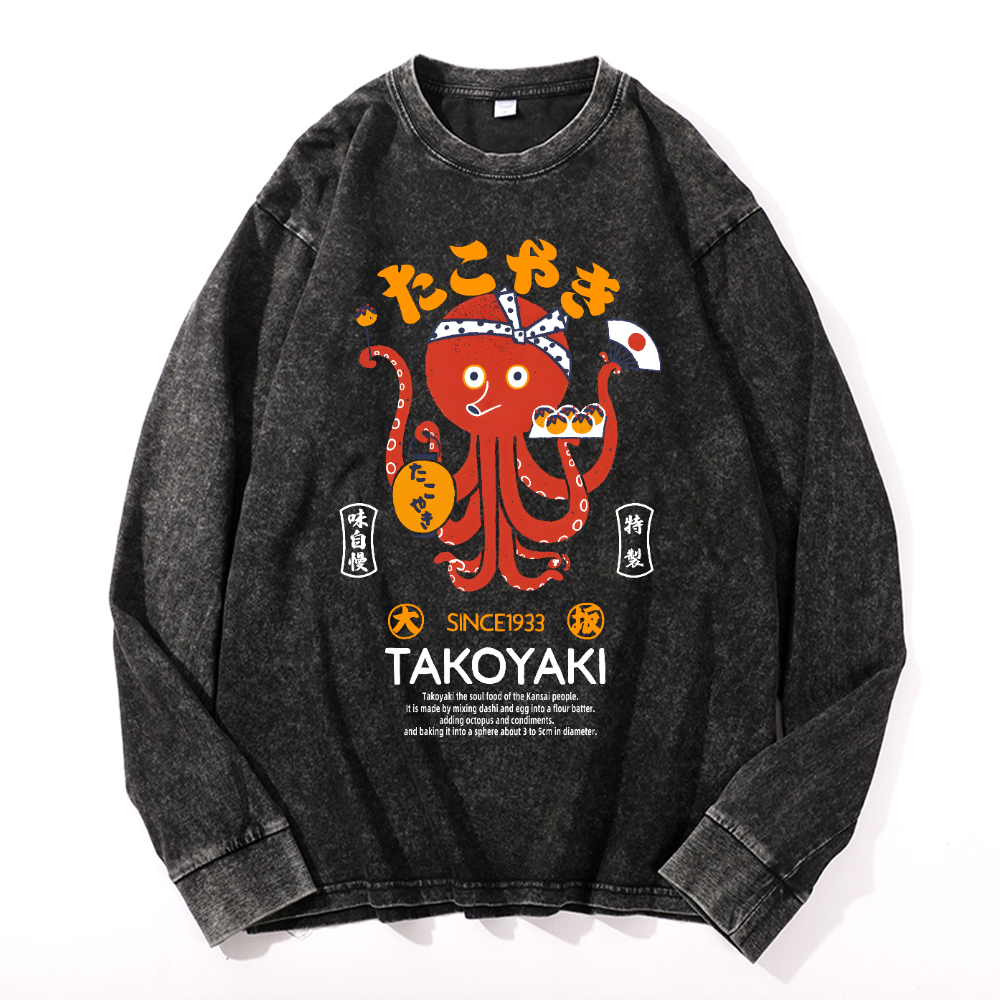 Takoyaki Octopus Vintage Cotton Wash Crewneck Long-Sleeve T-Shirt