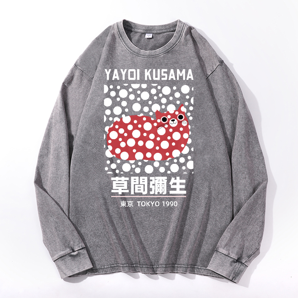 Yayoi Kusama Cat Vintage Cotton Wash Crewneck Long-Sleeve T-Shirt