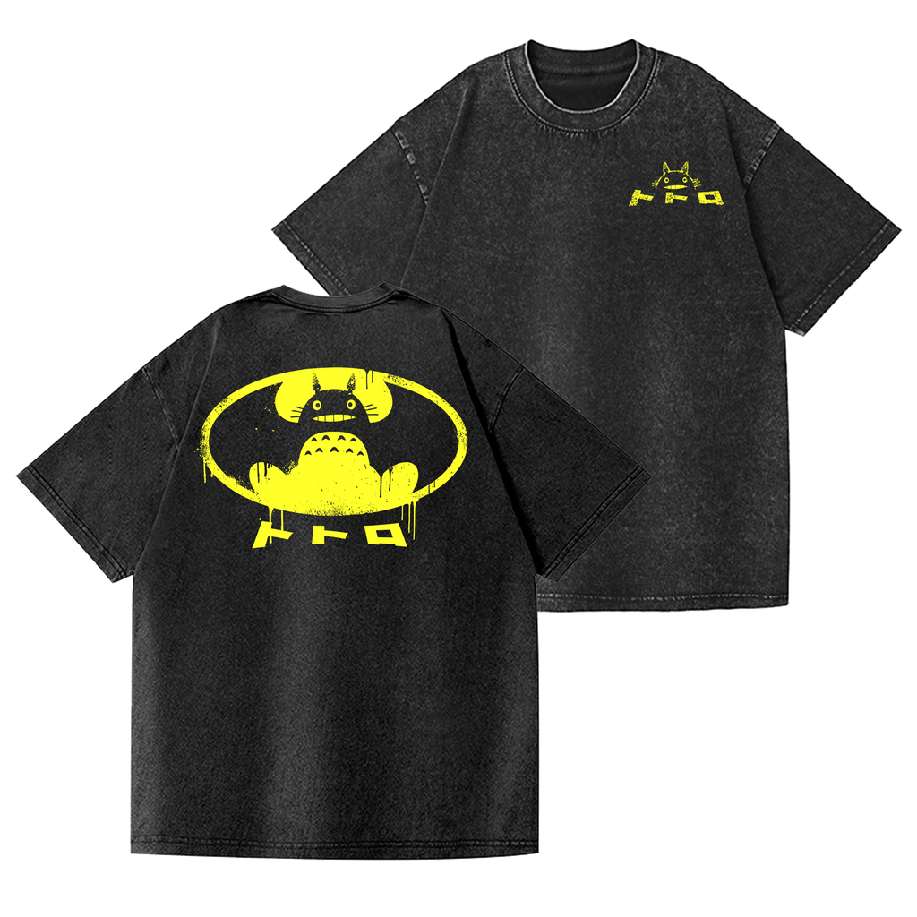 Ghibli Totoro Batman Vintage Wash Japanese Design Back Art T-Shirt
