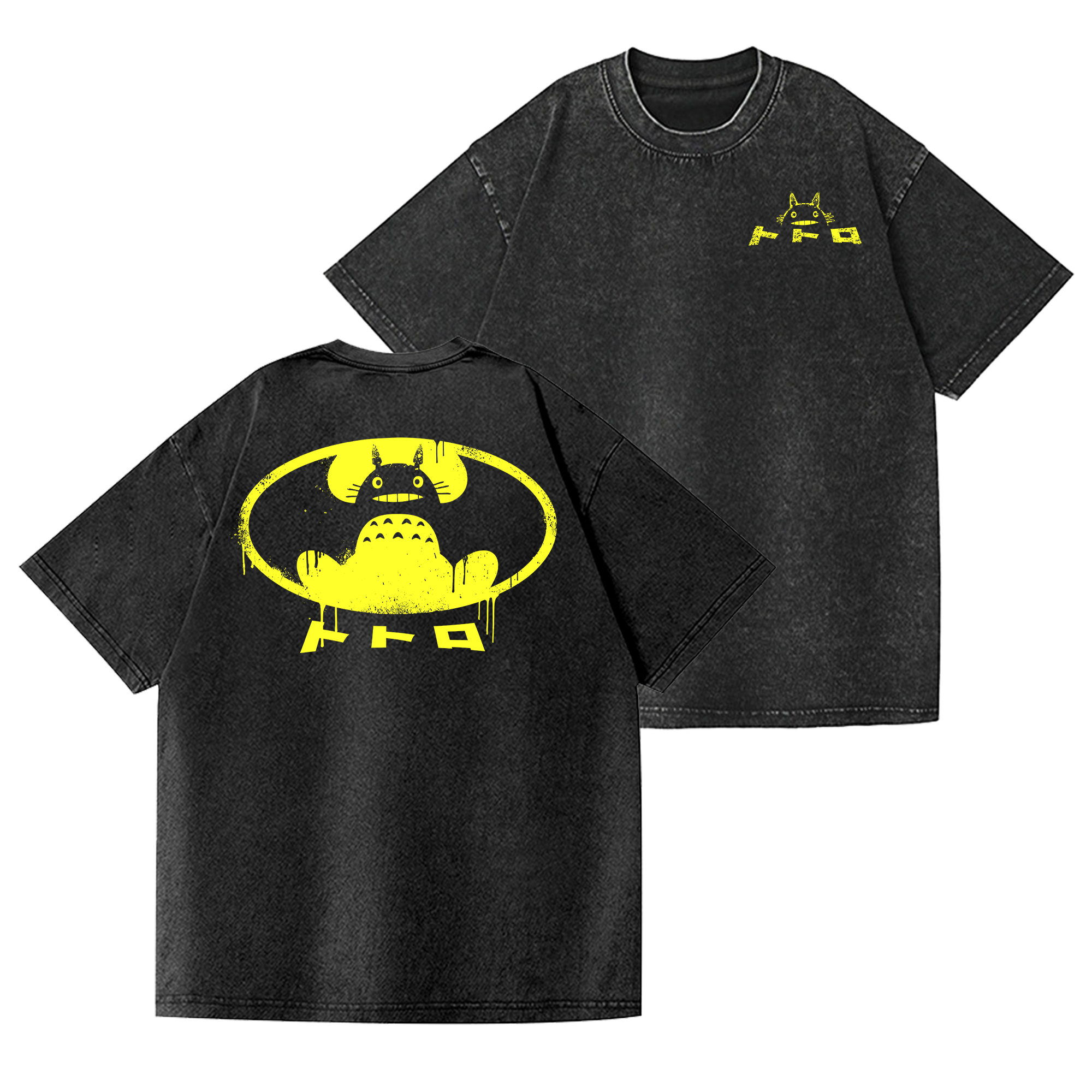 Ghibli Totoro Batman Vintage Wash Japanese Design Back Art T-Shirt