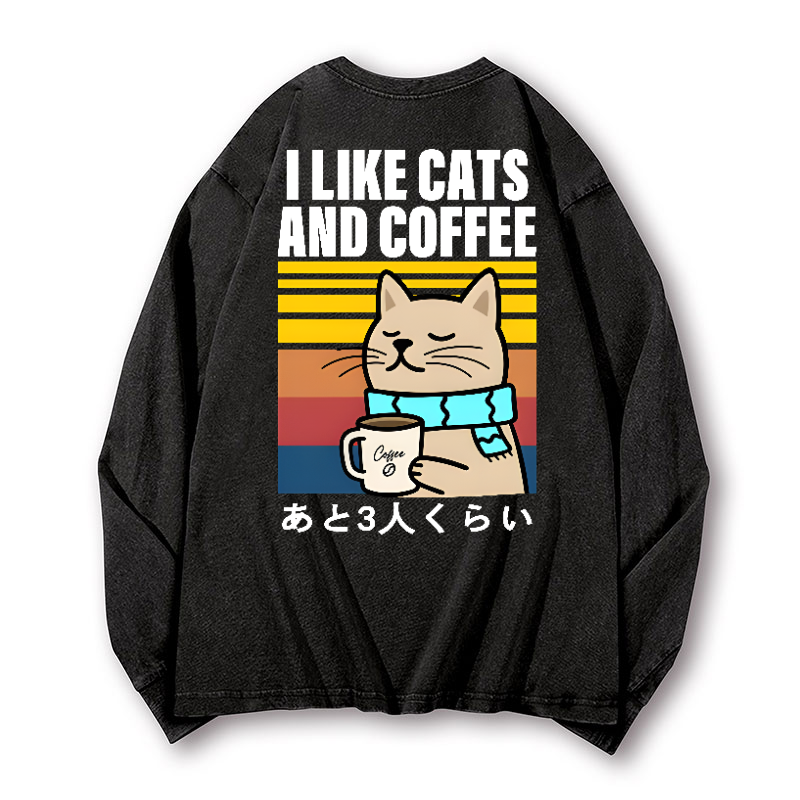 Cat Coffee Vintage Washed Cotton Back Art Long-sleeve T-shirt