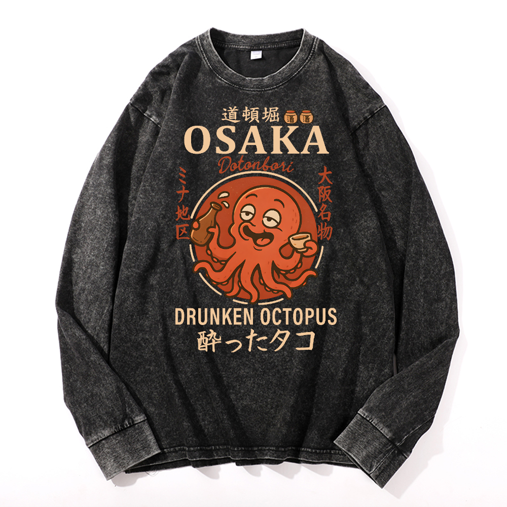 Osaka Dotonbori Drunken Octopus Vintage Cotton Wash Long-sleeve T-shirt