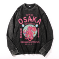 Osaka Dotonbori Drunken Octopus Vintage Cotton Wash Crewneck Long-Sleeve T-Shirt