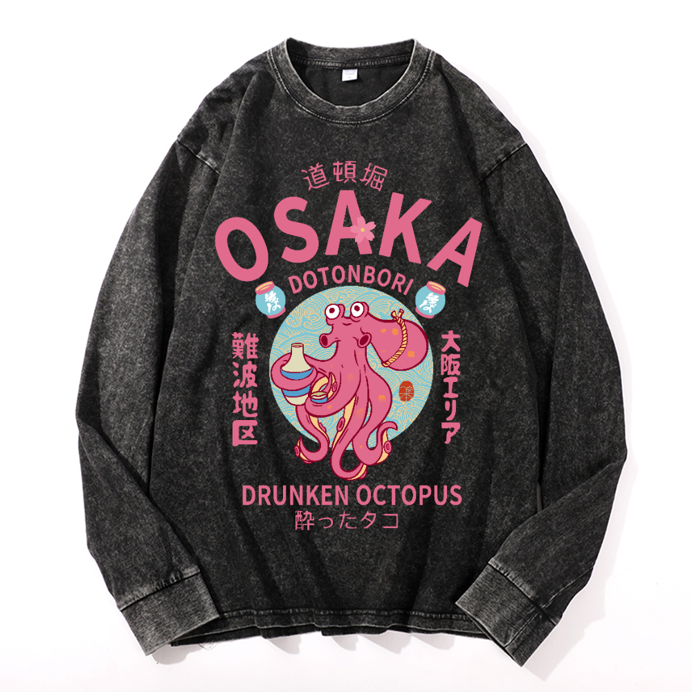 Osaka Dotonbori Drunken Octopus Vintage Cotton Wash Crewneck Long-Sleeve T-Shirt