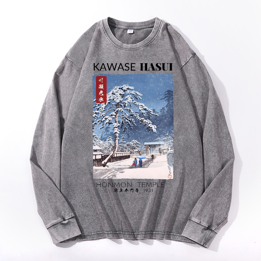Honmon Temple Vintage Cotton Wash Crewneck Long-Sleeve T-Shirt