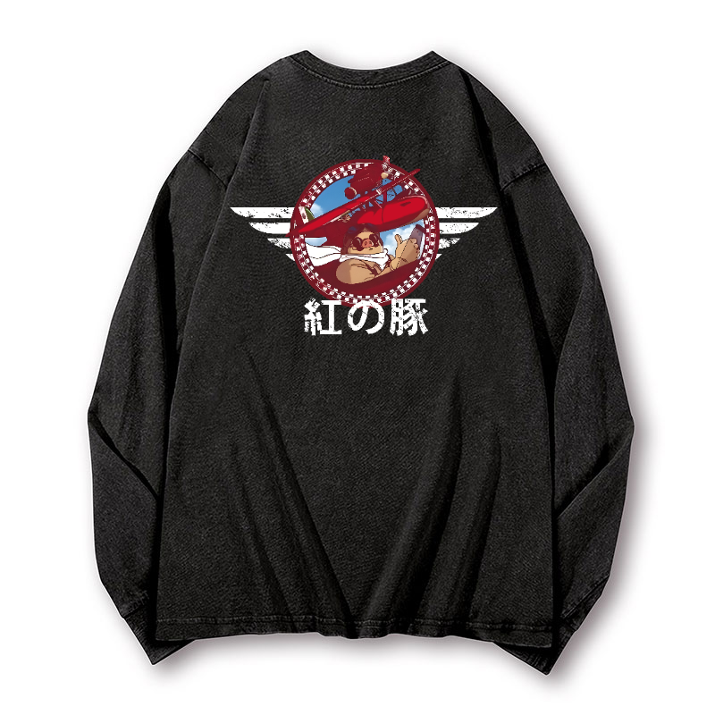 Ghibli Porco Rosso Vintage Washed Cotton Back Art Long-sleeve T-shirt