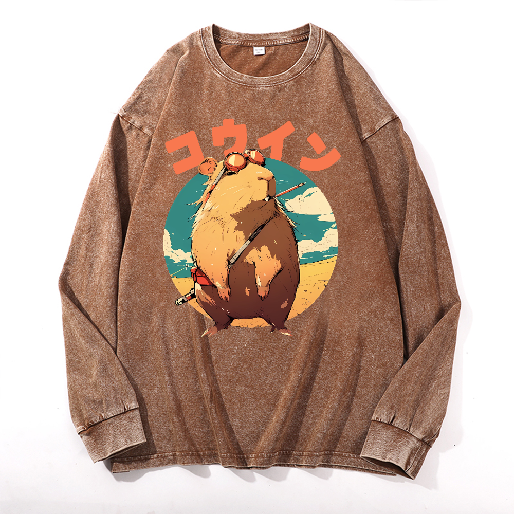 Capybara Vintage Cotton Wash Crewneck Long-Sleeve T-Shirt
