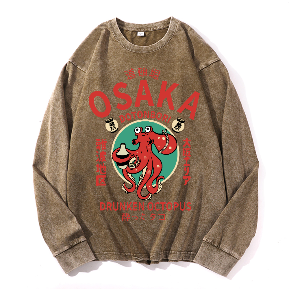 Osaka Drunken Octopus Vintage Cotton Wash Crewneck Long-Sleeve T-Shirt