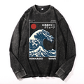 Hokkaido Wave Ukiyoe Vintage Cotton Wash Crewneck Long-Sleeve T-Shirt