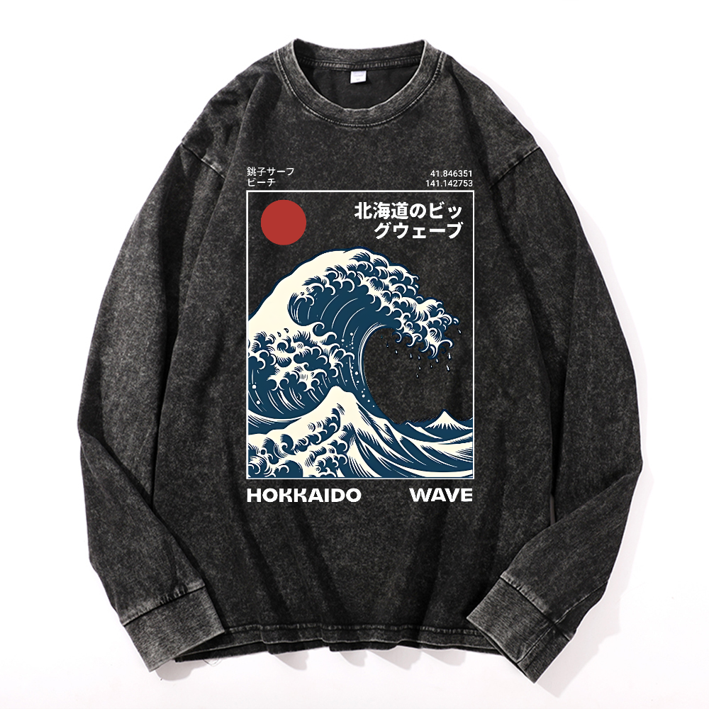 Hokkaido Wave Ukiyoe Vintage Cotton Wash Crewneck Long-Sleeve T-Shirt