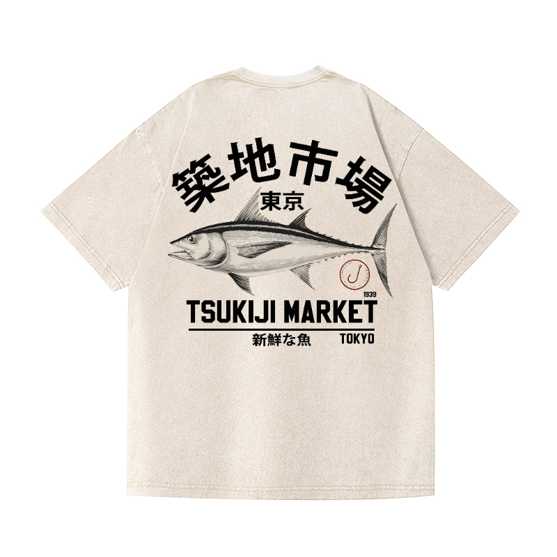 Tsukiji Fish Market Vintage Wash Japanese Design Back Art T-Shirt