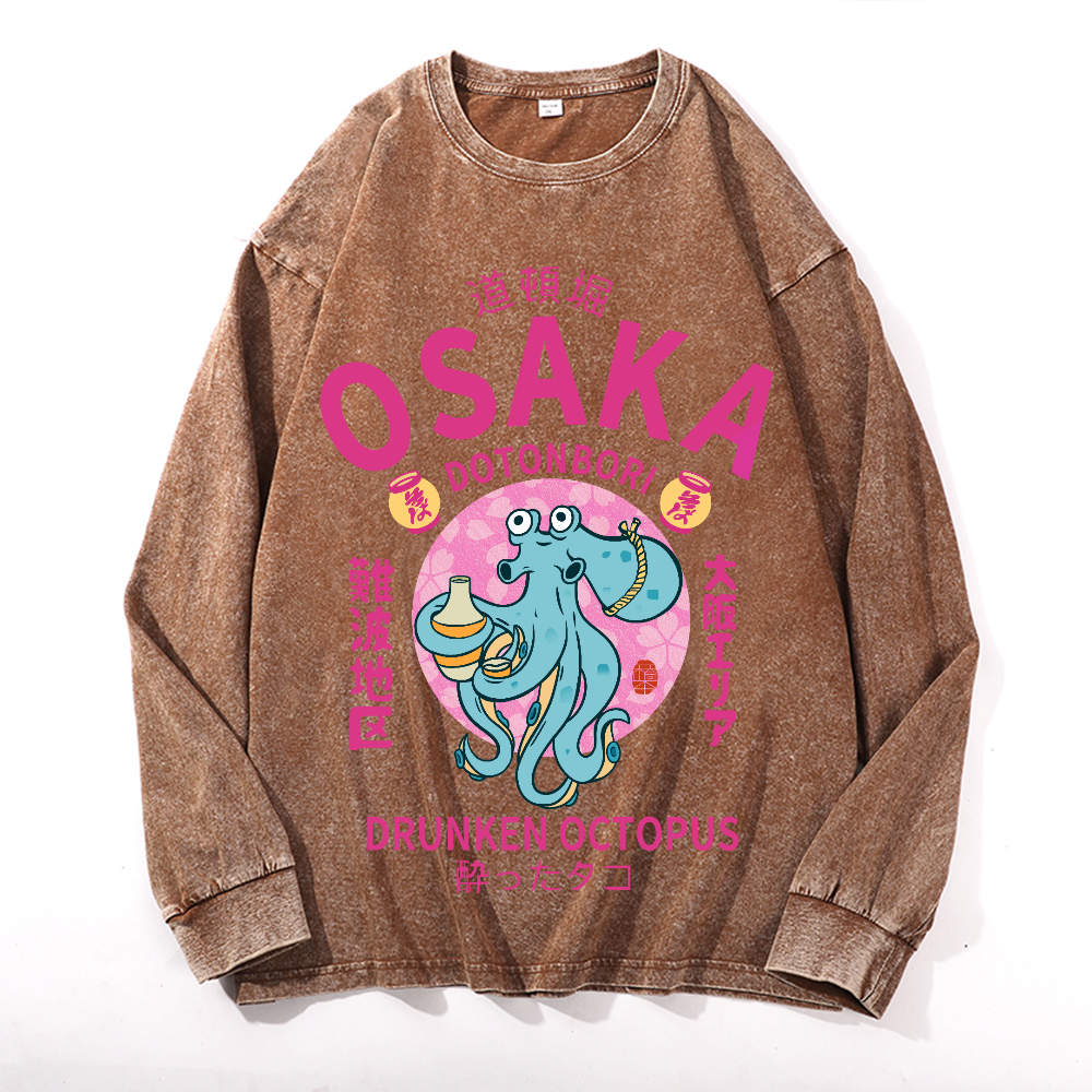 Osaka Dotonbori Drunken Octopus Vintage Cotton Wash Crewneck Long-Sleeve T-Shirt