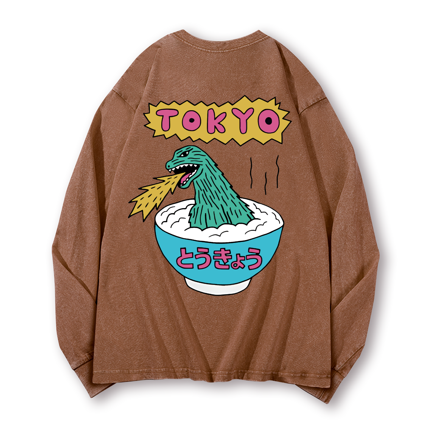 Kaiju The Monster Rice of Tokyo Vintage Washed Cotton Back Art Long-sleeve T-shirt
