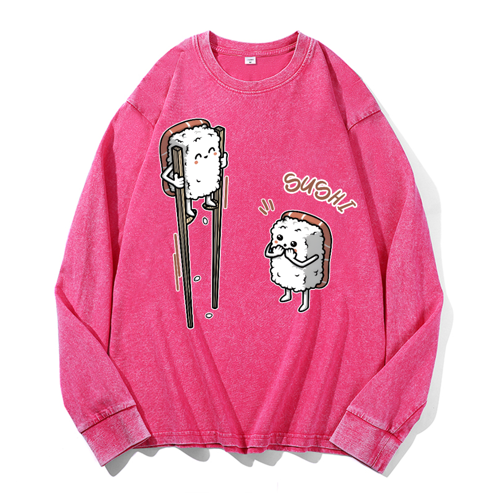 Sushi Vintage Cotton Wash Crewneck Long-Sleeve T-Shirt