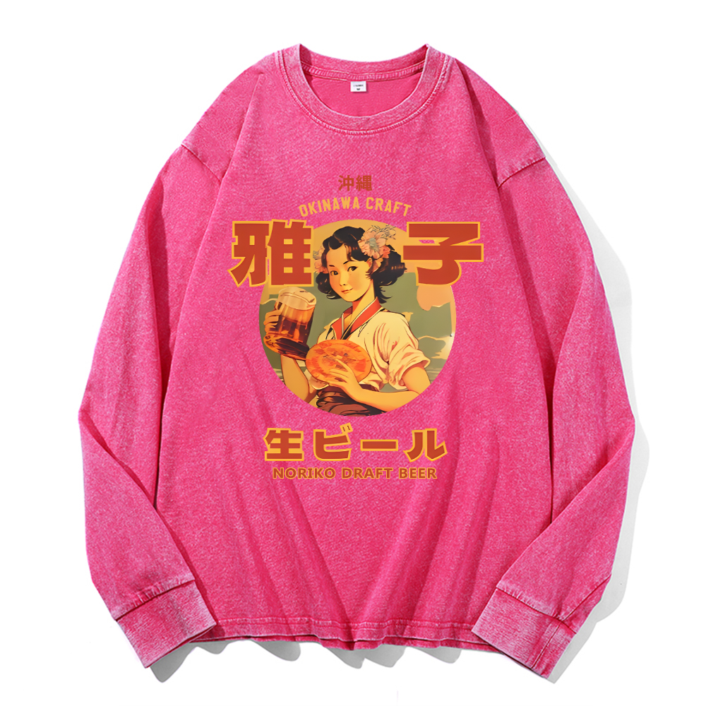 Okinawa Noriko Draft Beer Vintage Cotton Wash Long-sleeve T-shirt